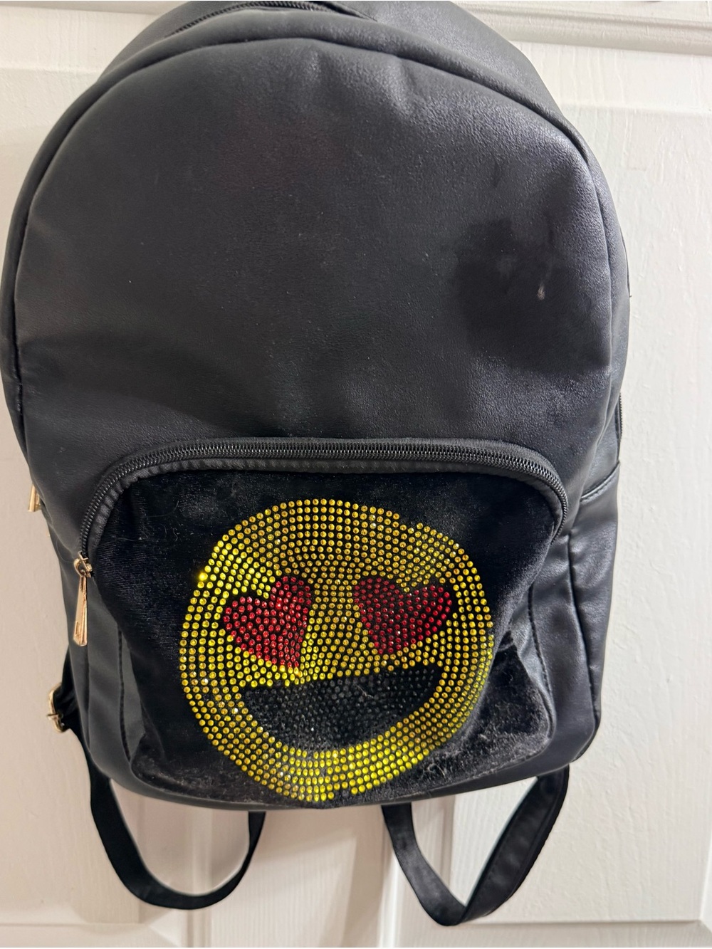 Olivia Miller Black Emoji Rhinestone Mini Backpack – Heart Eyes Faux Leather